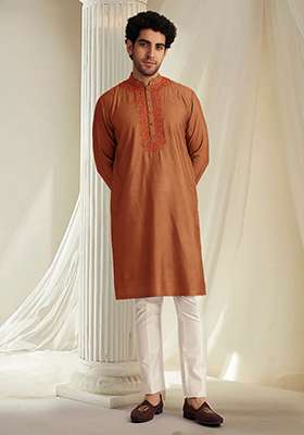 Orange Hand Embroidered Kurta For Men