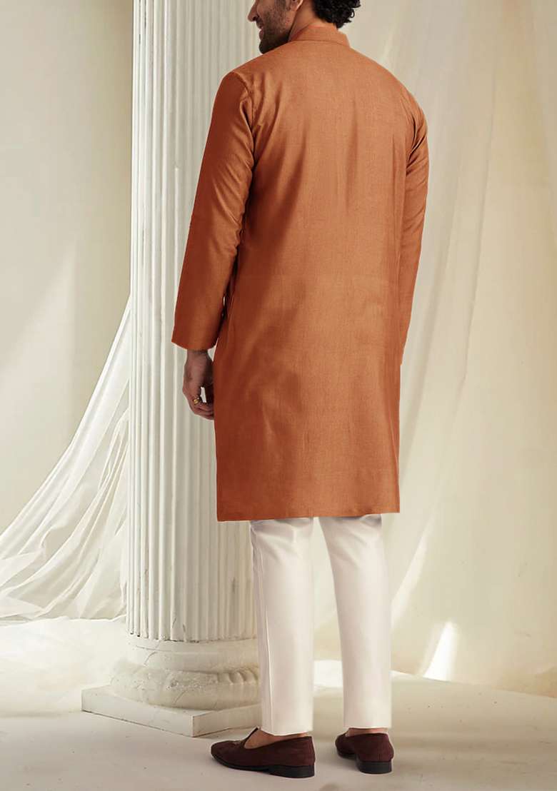 Orange Hand Embroidered Kurta For Men - Indya