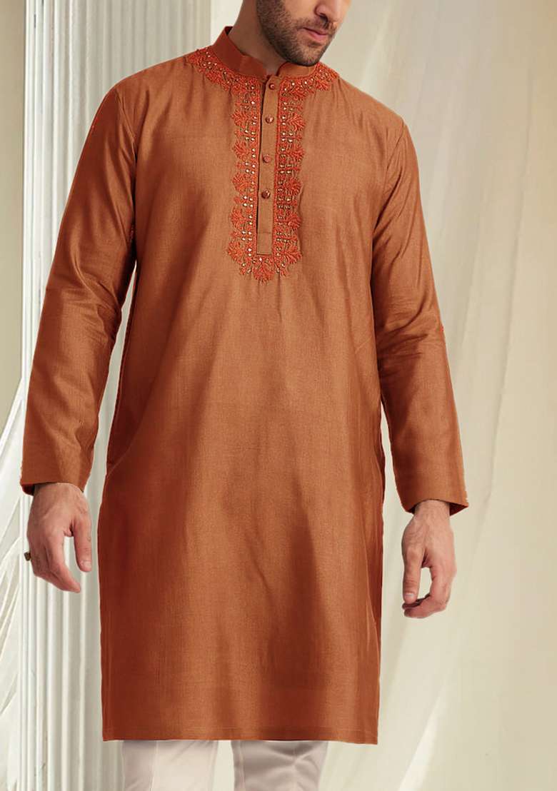 Orange Hand Embroidered Kurta For Men - Indya