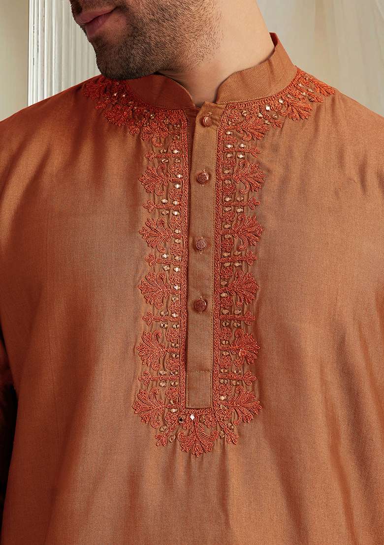Orange Hand Embroidered Kurta For Men - Indya
