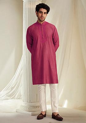 Pink Hand Embroidered Kurta For Men