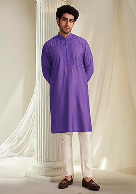 Purple Hand Embroidered Kurta For Men