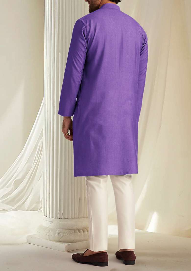 Purple Hand Embroidered Kurta For Men - Indya