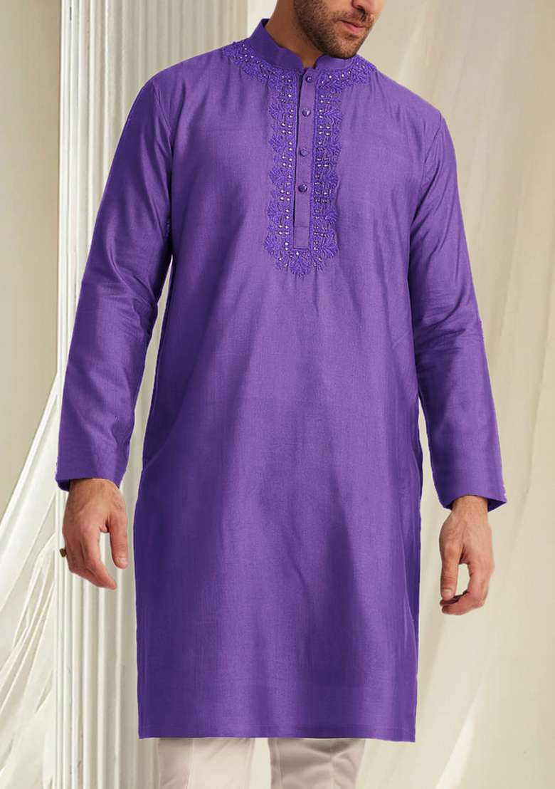 Purple Hand Embroidered Kurta For Men - Indya
