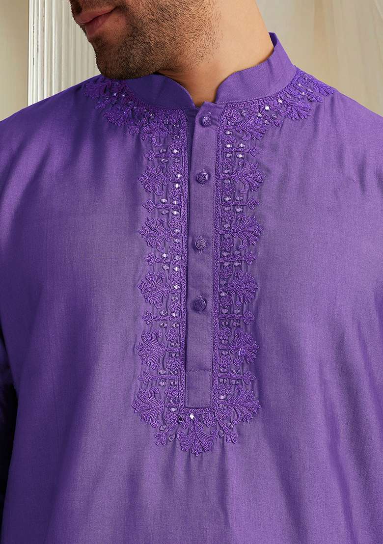 Purple Hand Embroidered Kurta For Men - Indya