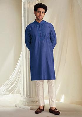Blue Hand Embroidered Kurta For Men