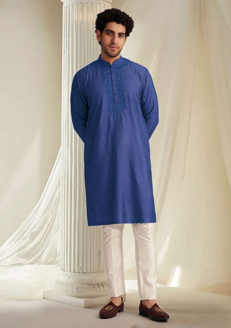 Blue Hand Embroidered Kurta For Men - Indya