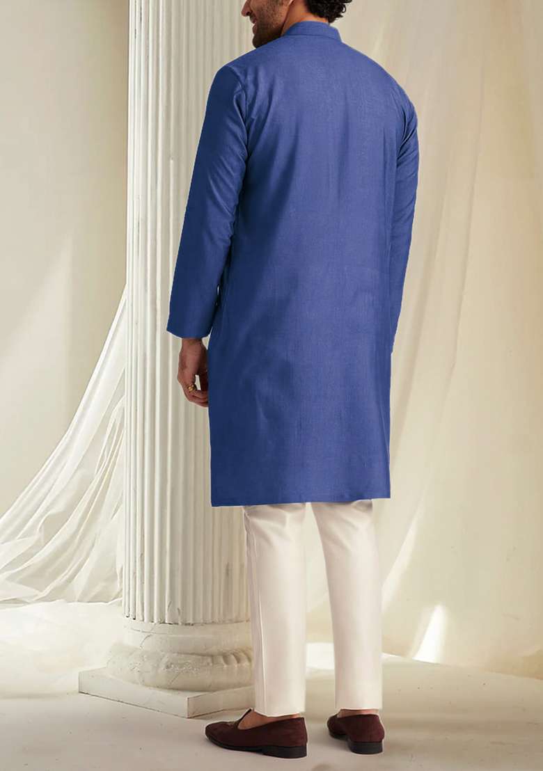 Blue Hand Embroidered Kurta For Men - Indya