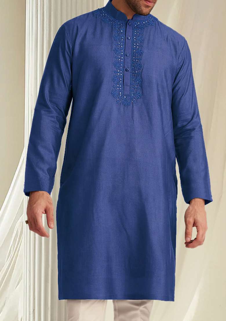 Blue Hand Embroidered Kurta For Men - Indya