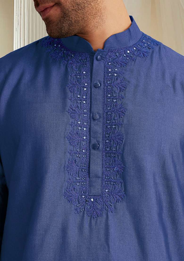 Blue Hand Embroidered Kurta For Men - Indya