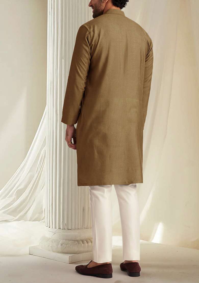 Brown Hand Embroidered Kurta For Men - Indya