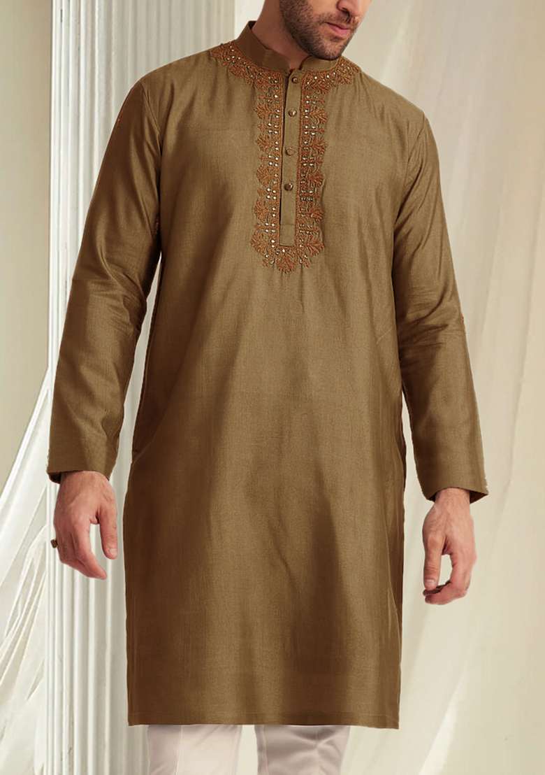 Brown Hand Embroidered Kurta For Men - Indya