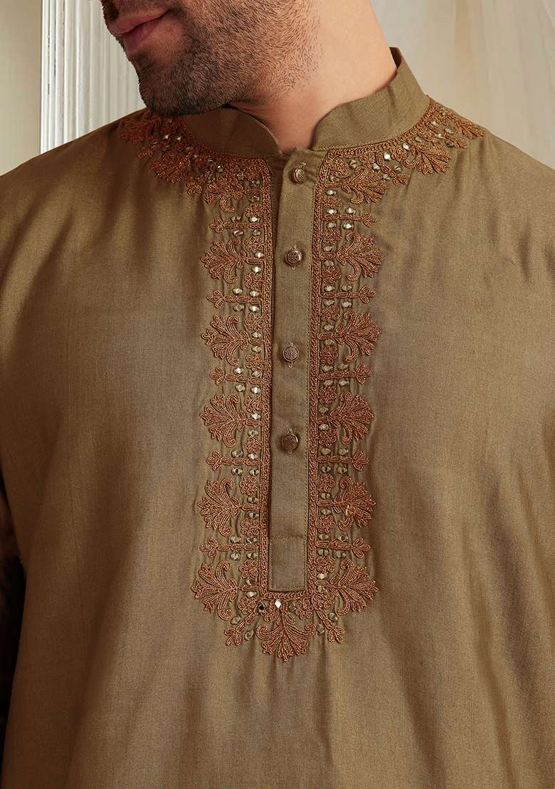 Brown Hand Embroidered Kurta For Men - Indya