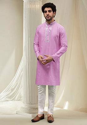 Pink Hand Embroidered Kurta For Men
