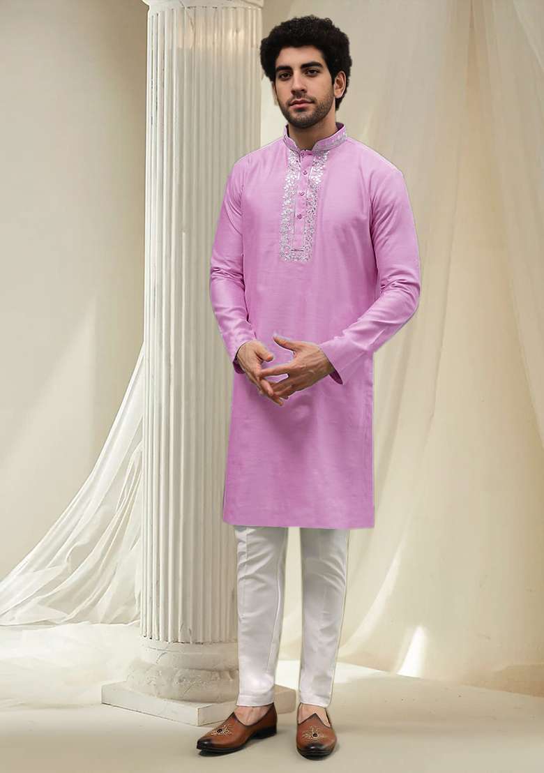 Pink Hand Embroidered Kurta For Men - Indya