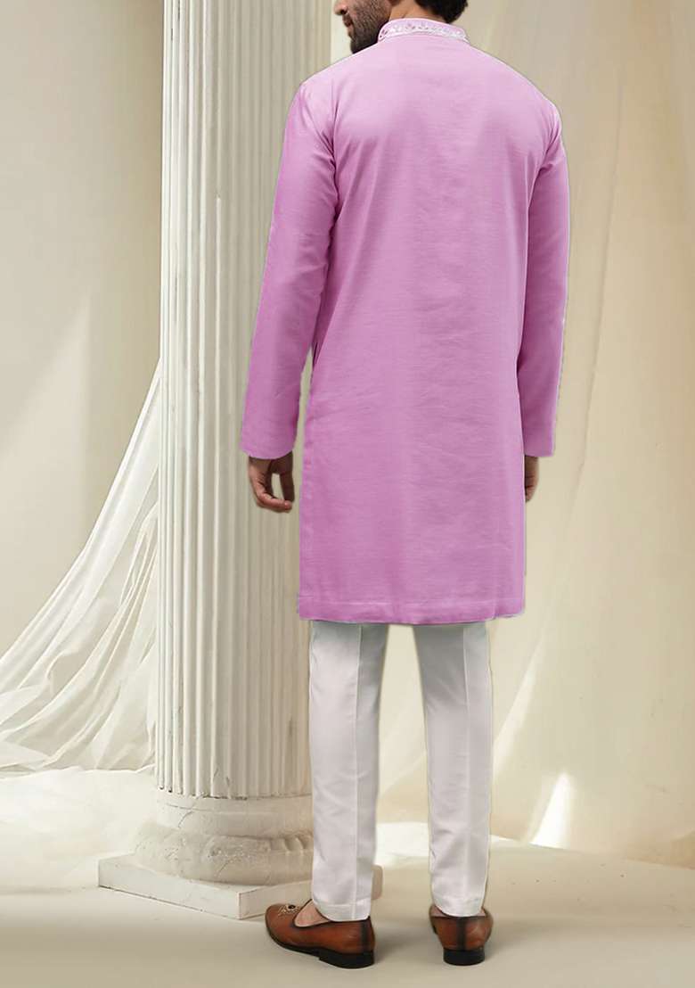 Pink Hand Embroidered Kurta For Men - Indya