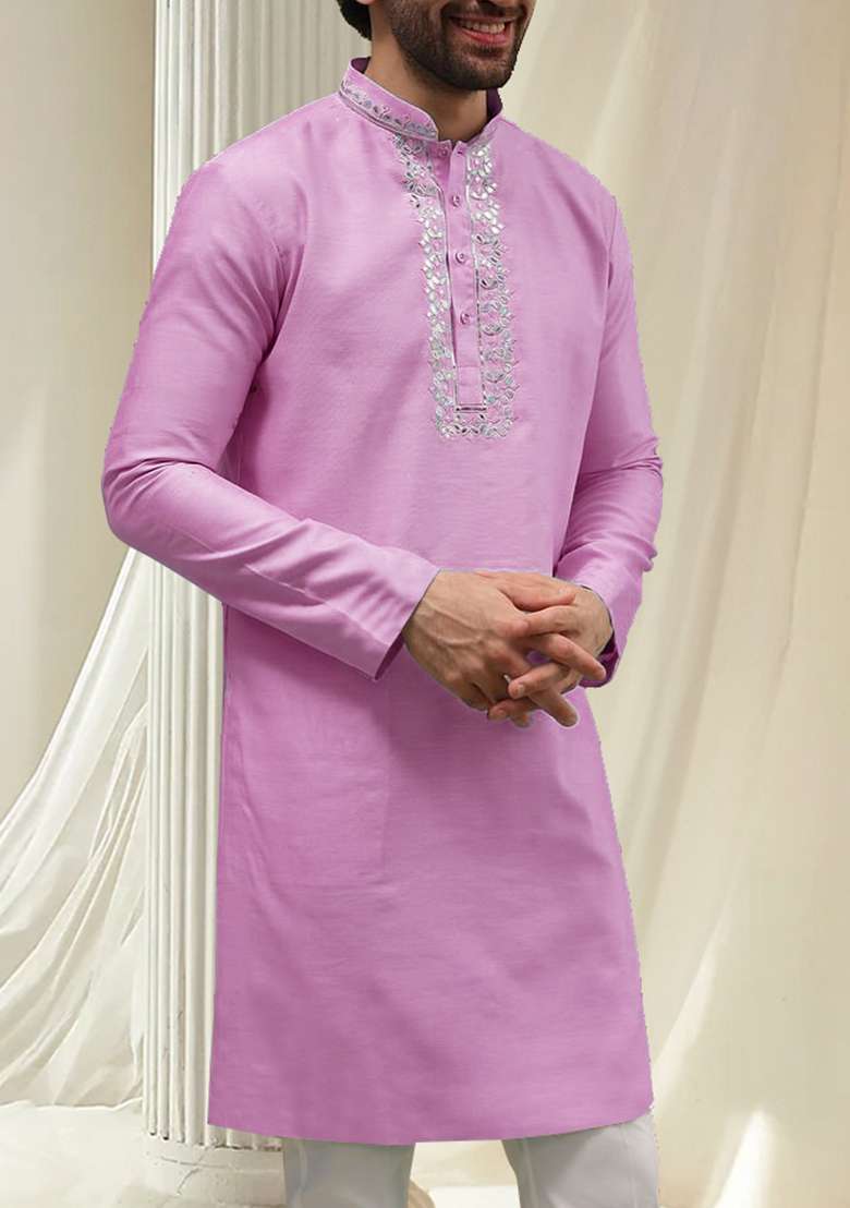 Pink Hand Embroidered Kurta For Men - Indya