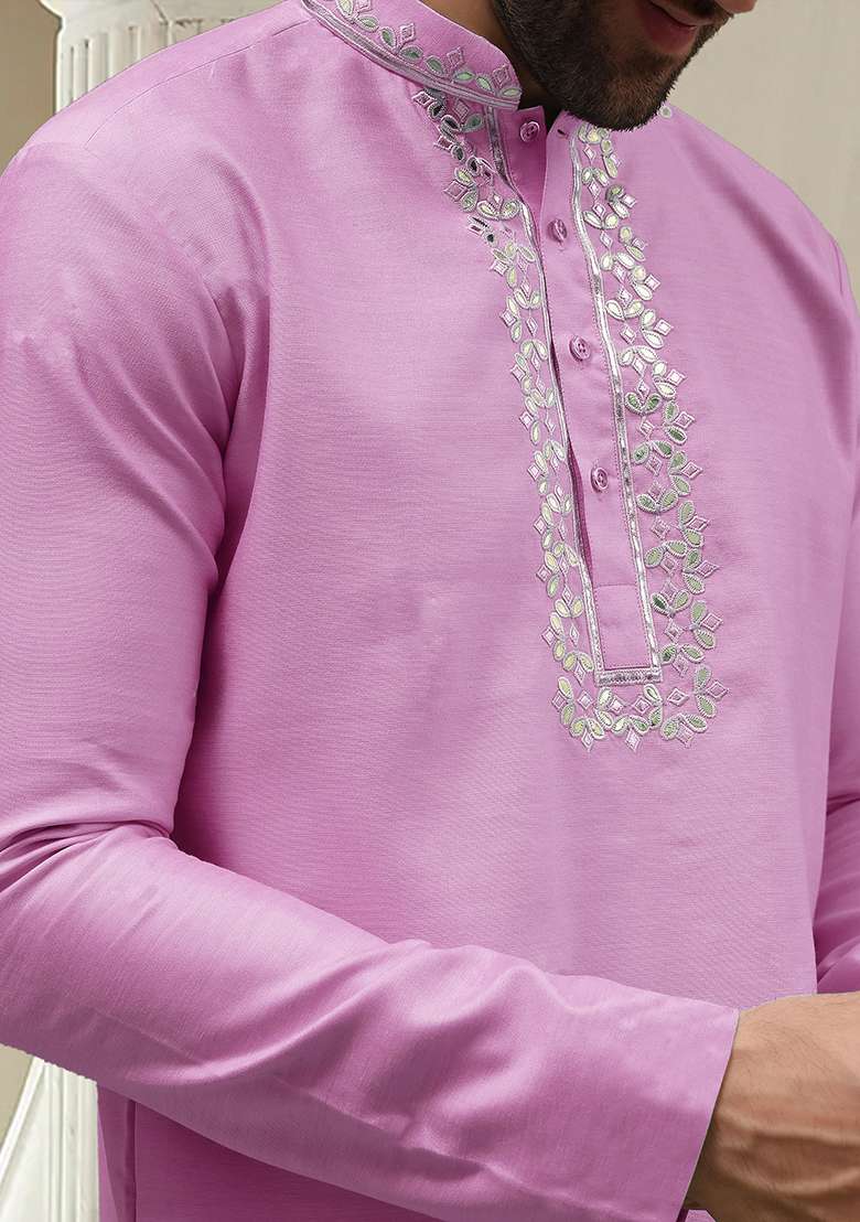 Pink Hand Embroidered Kurta For Men - Indya