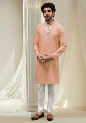 Peach Hand Embroidered Kurta For Men