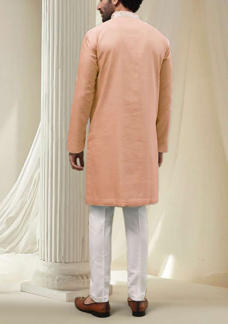 Peach Hand Embroidered Kurta For Men - Indya