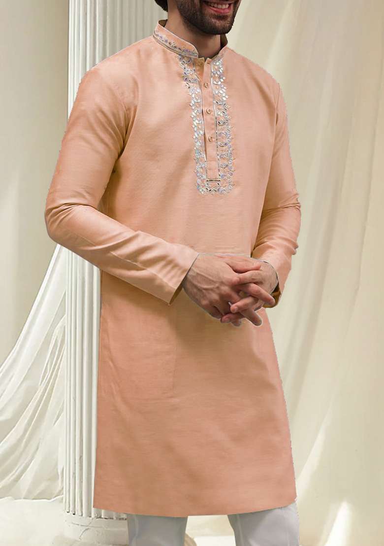 Peach Hand Embroidered Kurta For Men - Indya