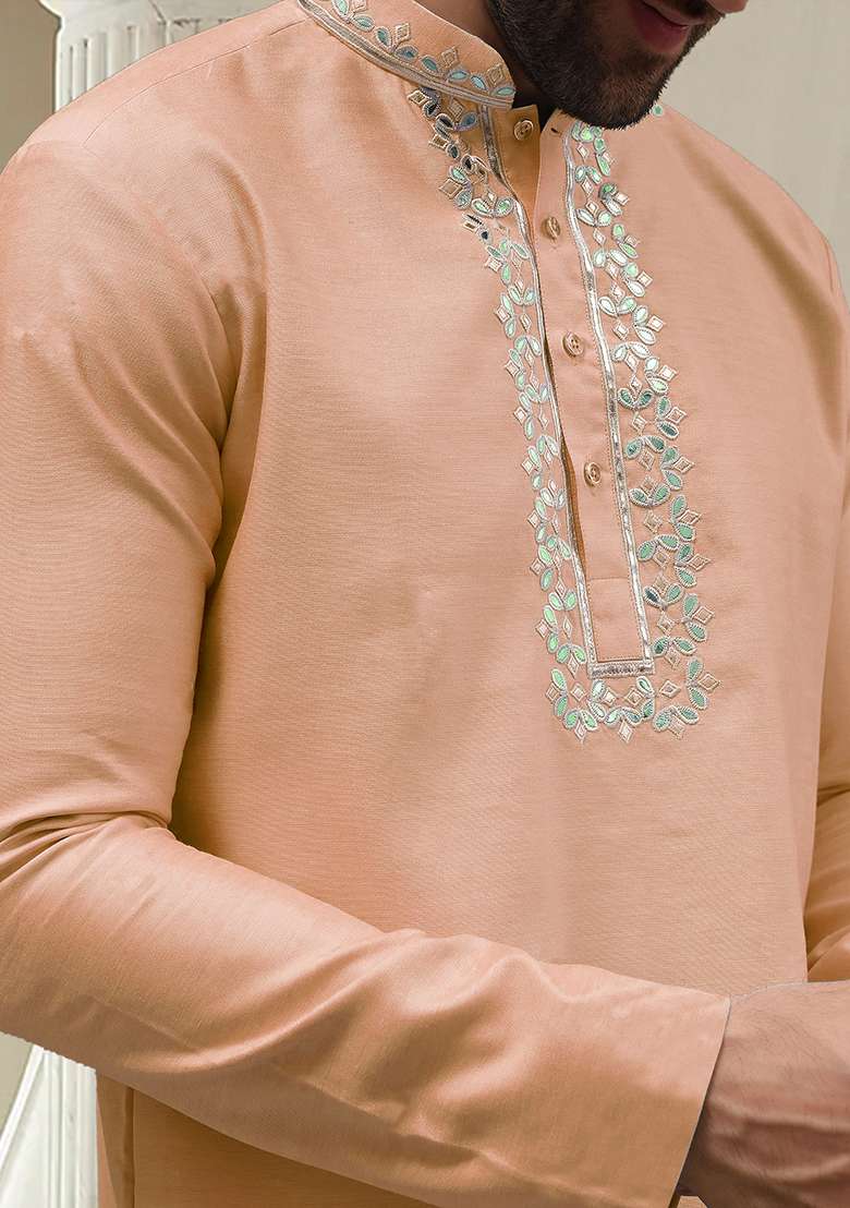 Peach Hand Embroidered Kurta For Men - Indya