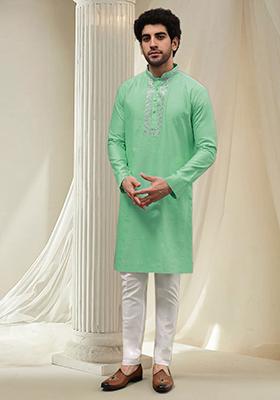 Green Hand Embroidered Kurta For Men