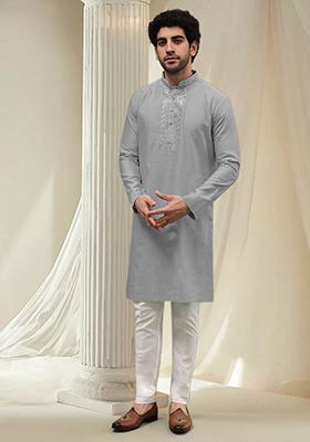 Stone Blue Hand Embroidered Kurta For Men