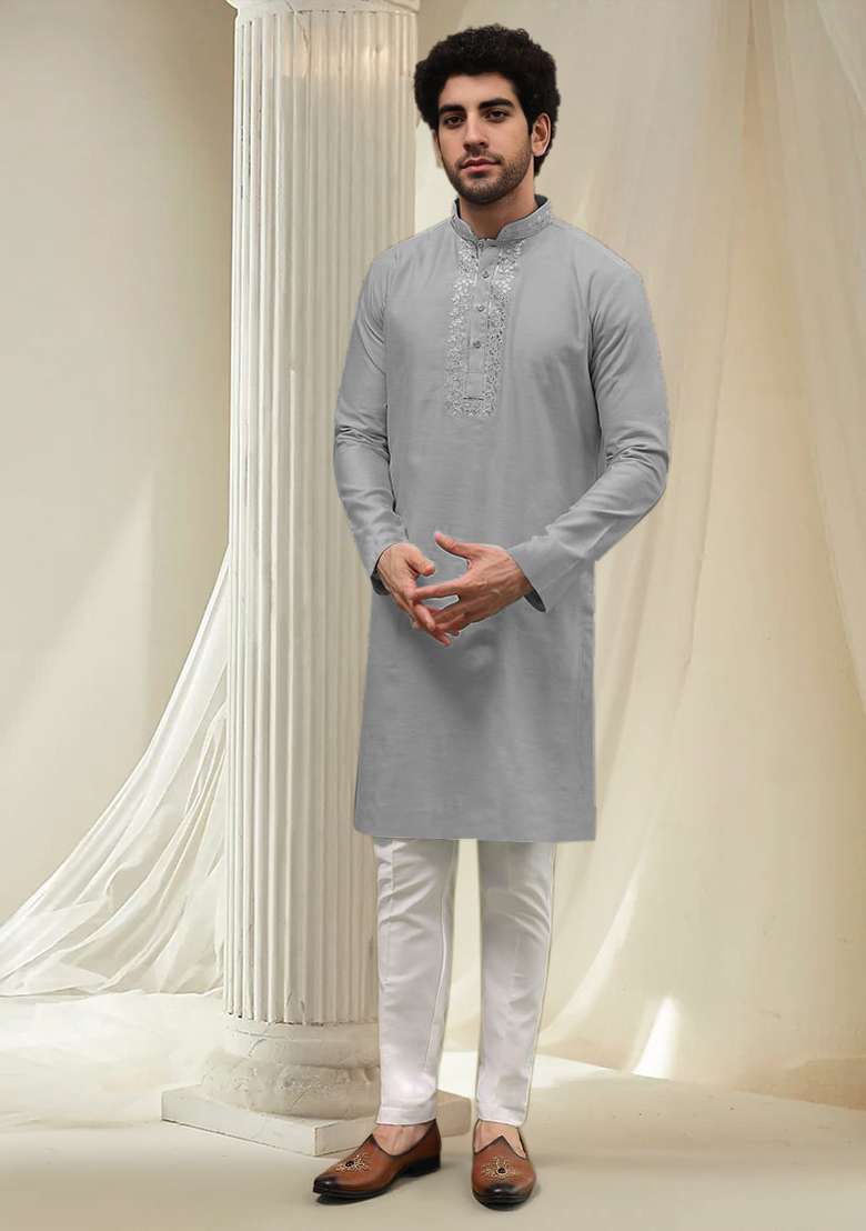 Stone Blue Hand Embroidered Kurta For Men - Indya