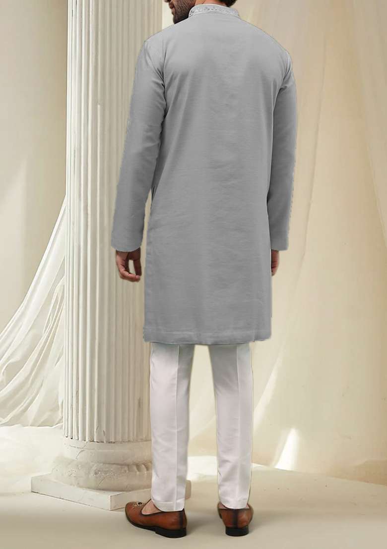 Stone Blue Hand Embroidered Kurta For Men - Indya