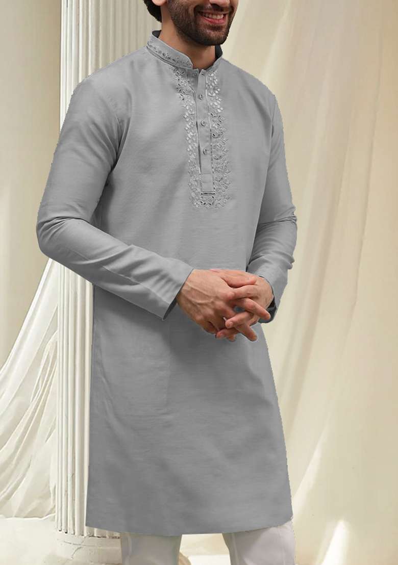 Stone Blue Hand Embroidered Kurta For Men - Indya