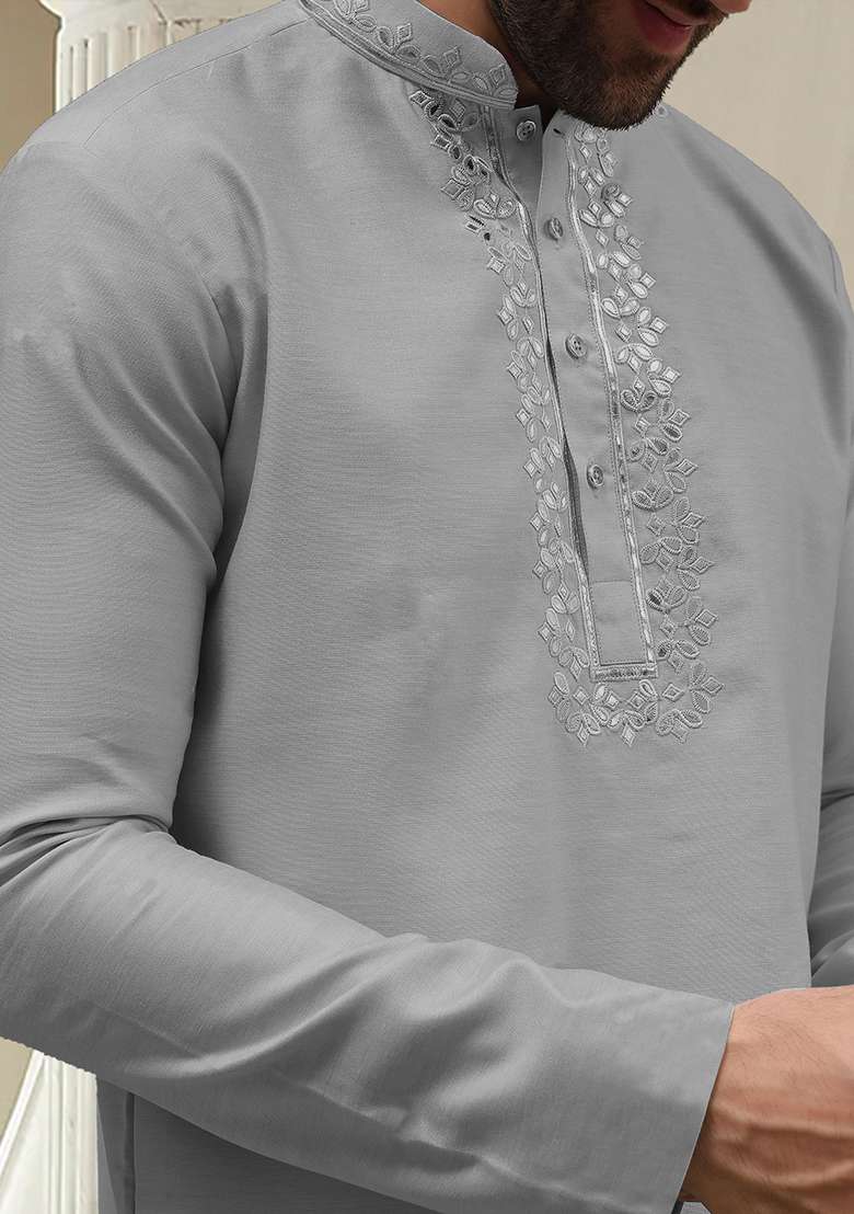 Stone Blue Hand Embroidered Kurta For Men - Indya