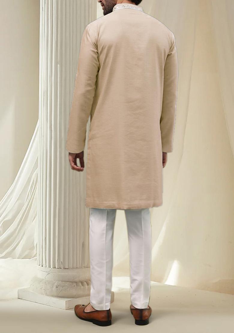 Beige Hand Embroidered Kurta For Men - Indya