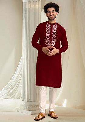 Maroon Hand Embroidered Kurta For Men
