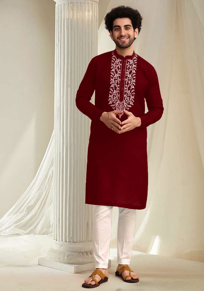 Maroon Hand Embroidered Kurta For Men - Indya