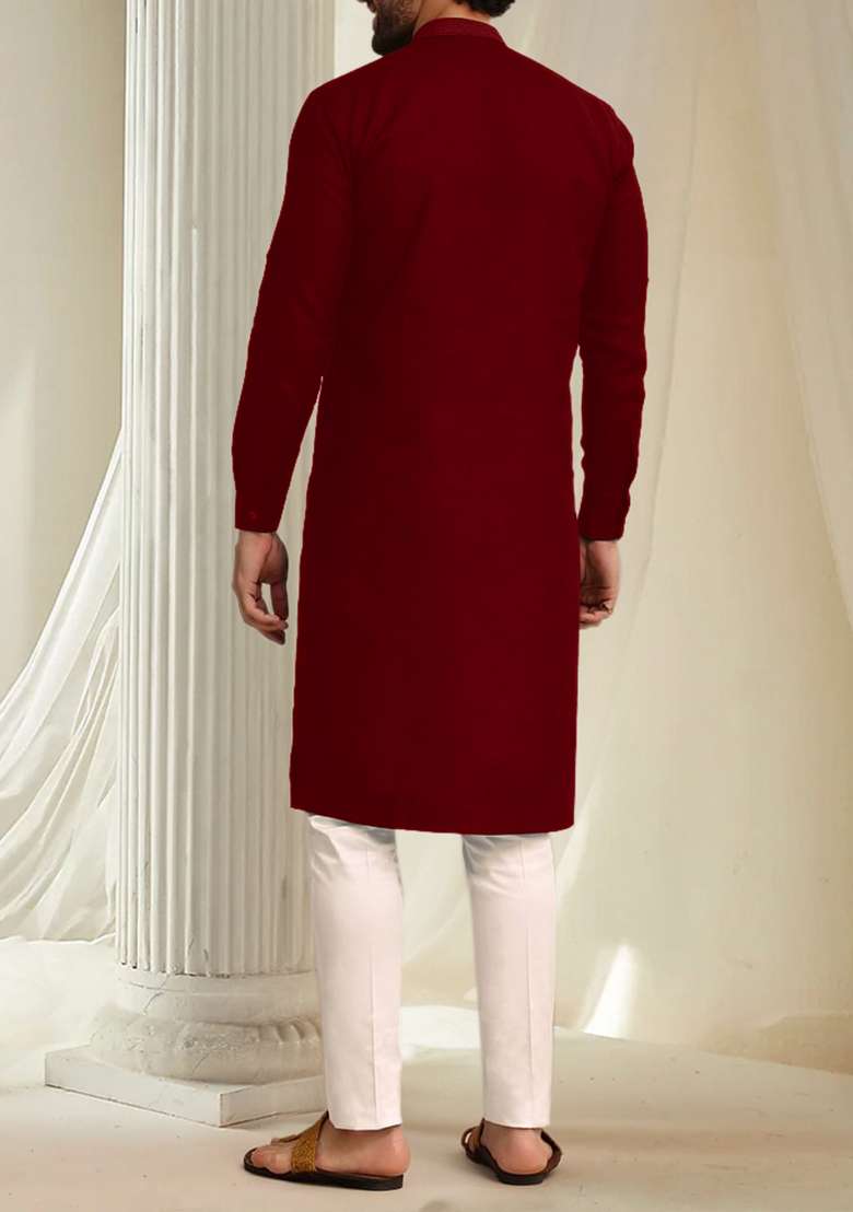 Maroon Hand Embroidered Kurta For Men - Indya