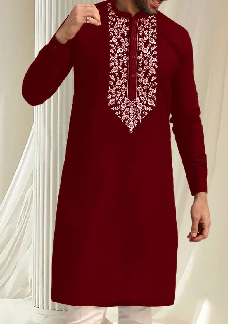 Maroon Hand Embroidered Kurta For Men - Indya