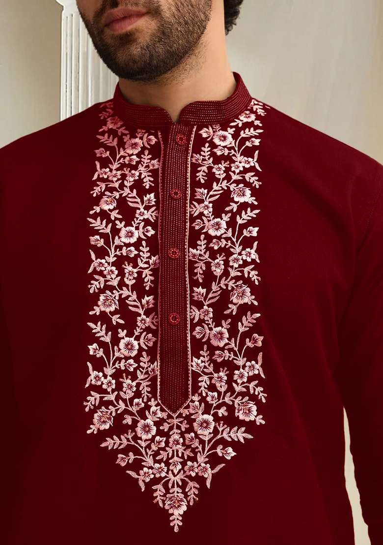 Maroon Hand Embroidered Kurta For Men - Indya