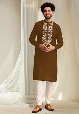 Light Brown Hand Embroidered Kurta For Men