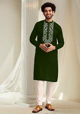 Green Hand Embroidered Kurta For Men