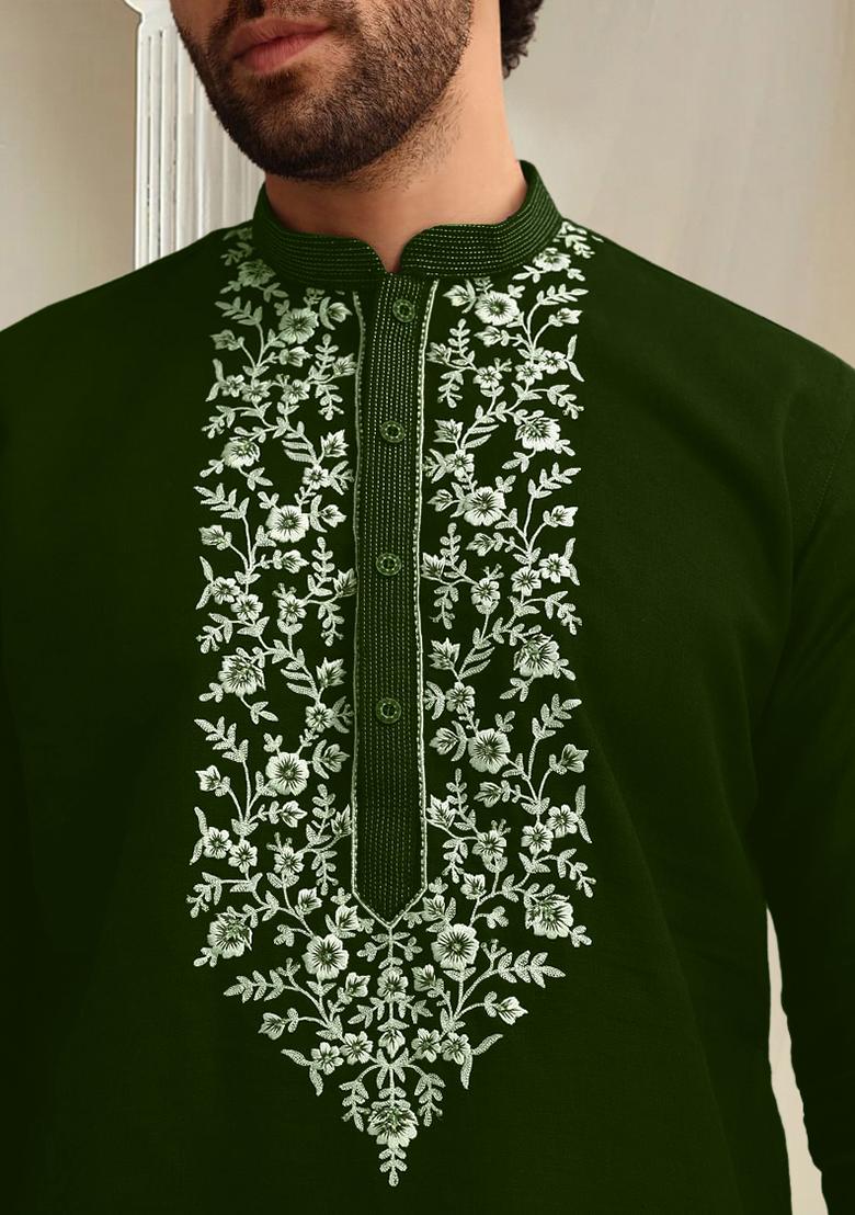 Green Hand Embroidered Kurta For Men - Indya