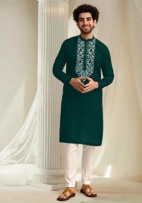 Teal Blue Hand Embroidered Kurta For Men
