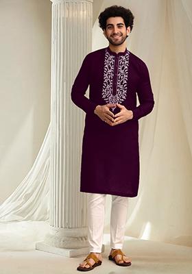 Dark Purple Hand Embroidered Kurta For Men