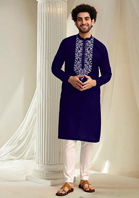 Blue Hand Embroidered Kurta For Men