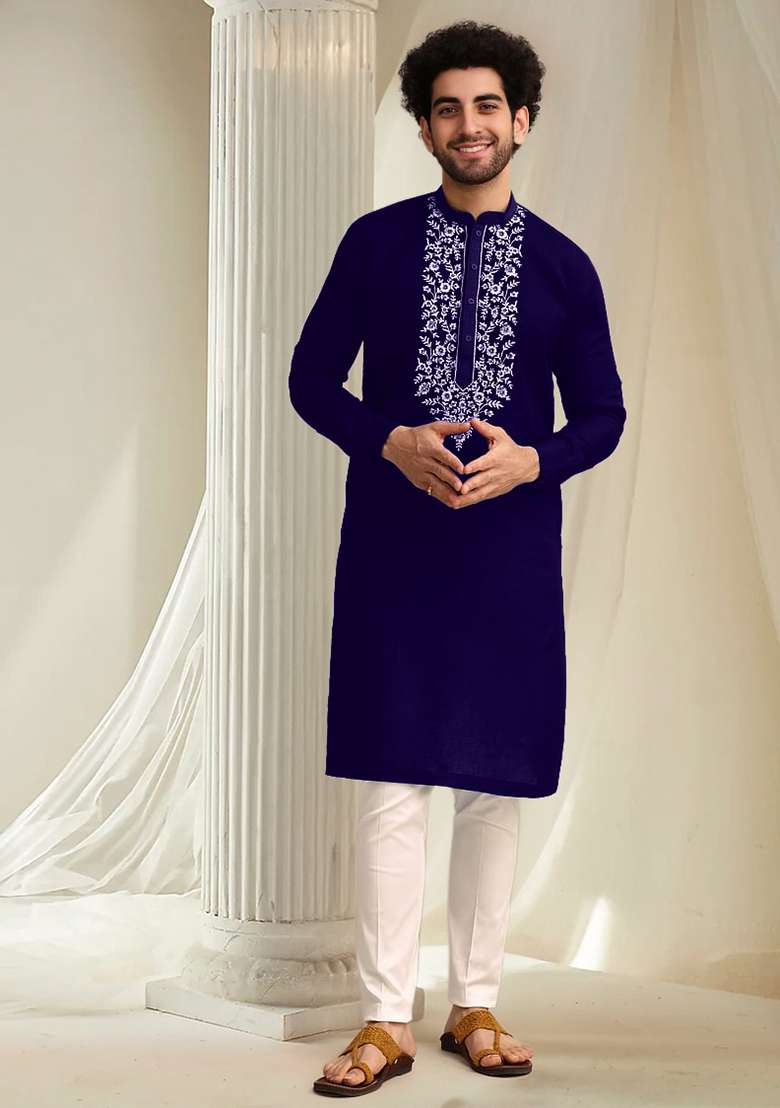 Blue Hand Embroidered Kurta For Men - Indya
