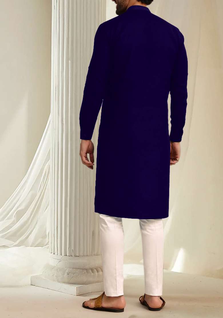 Blue Hand Embroidered Kurta For Men - Indya