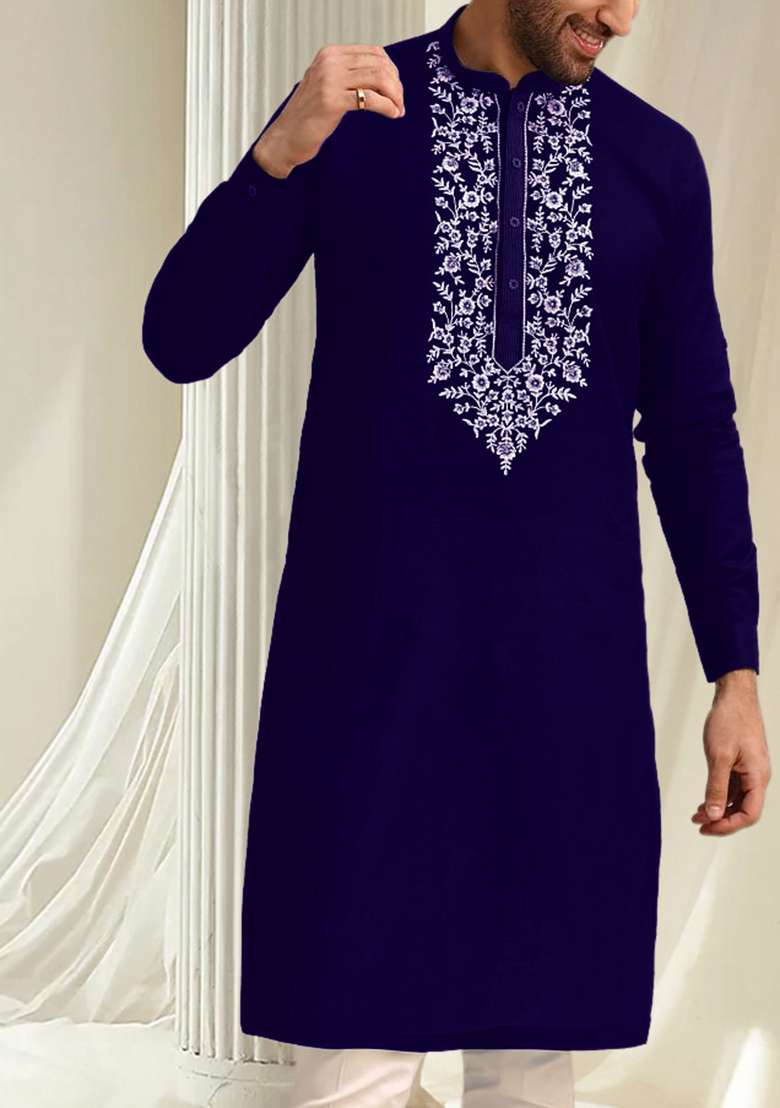 Blue Hand Embroidered Kurta For Men - Indya