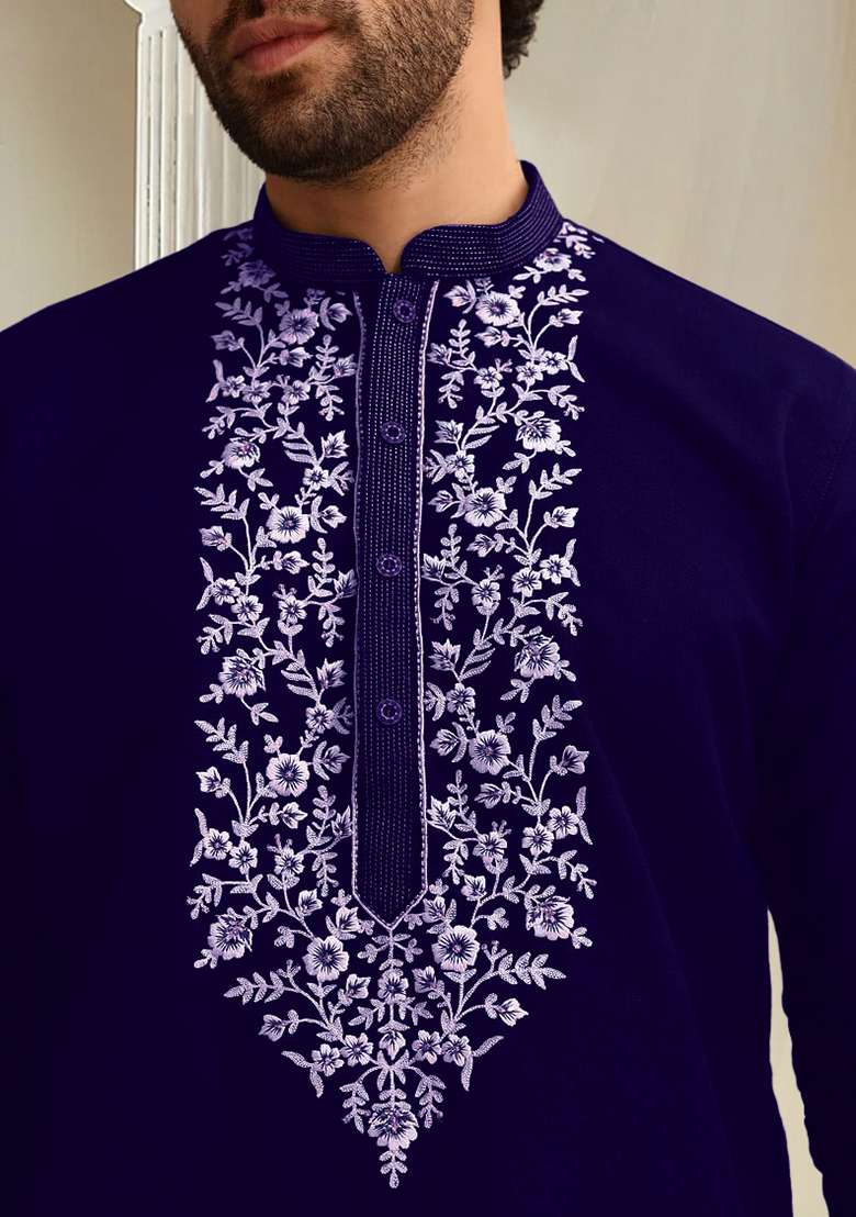 Blue Hand Embroidered Kurta For Men - Indya
