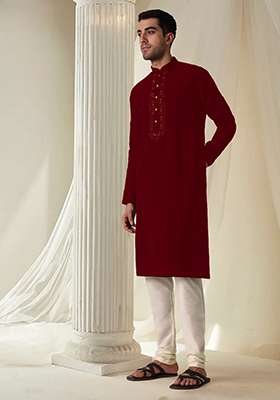 Maroon Hand Embroidered Kurta For Men