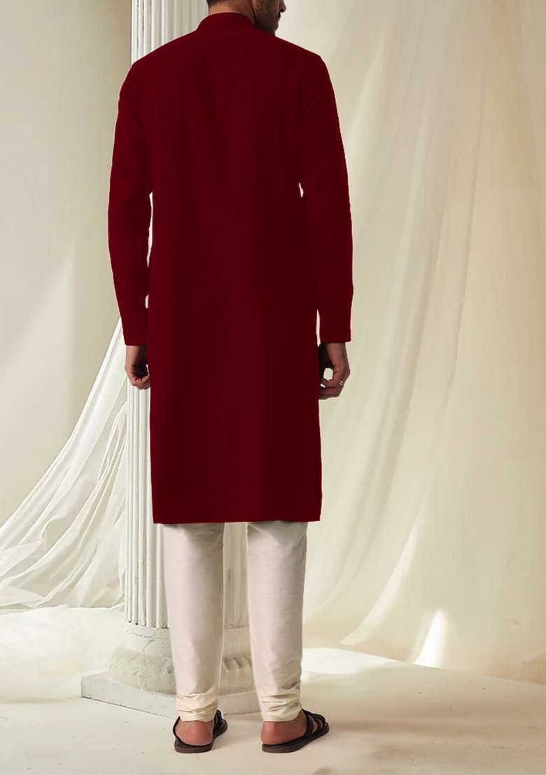 Maroon Hand Embroidered Kurta For Men - Indya